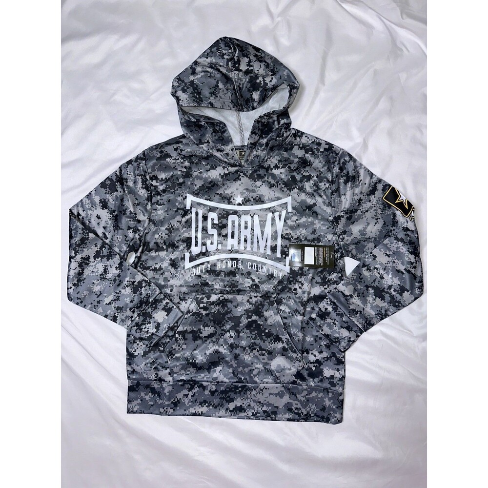 US Army Kids Digital Camo Hoodie Grey Black Performance Sweatshirt L/G